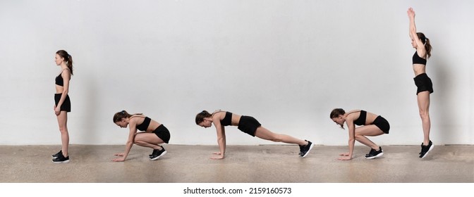 Fit Woman Doing A Burpee Exercise. Endurance Training. Step By Step Instructions Burpee.