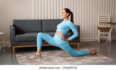 Fit Woman Doing Front Forward One Leg Step Lunge Exercises Workout At Home.