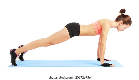 Fit Woman Doing Push Up Exercise - Isolated Over White Background