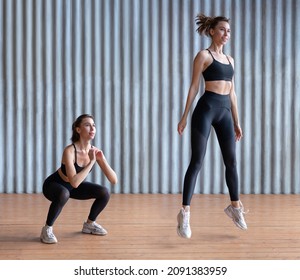Fit woman exercising doing jump squat Fitness female athlete
