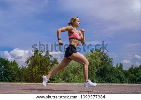 Similar – Image, Stock Photo Happy woman jogging with her smartphone