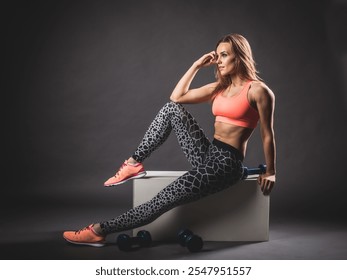 A fit woman in vibrant athletic wear rests on a bench after a workout, with dumbbells at her feet. Her relaxed yet confident pose highlights strength, fitness, and self-assurance - Powered by Shutterstock