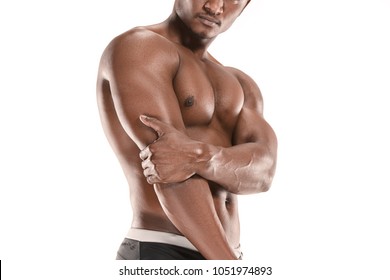 Fit Young Man With Beautiful Torso, Isolated On White Background. The Naked Torso Of African American Man Posing At Studio. The Muscular Body, Fitness, Sports, Healthy Lifestyle And Bodybuilder