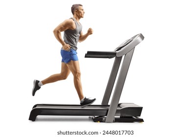 Fit young man running on a treadmill isolated on white background - Powered by Shutterstock