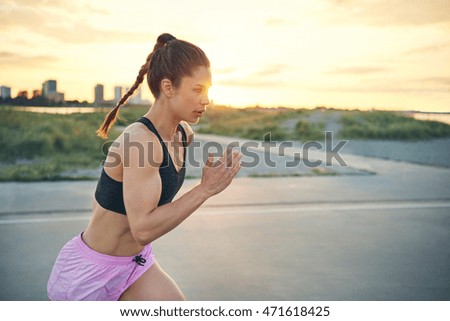 Similar – Image, Stock Photo runner running across the field with his dog