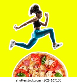 Fit young woman running from bad food on color background. Female sprinter over pizza. Healthy eating concept. Modern design, contemporary creative art collage. Inspiration, trendy urban style.