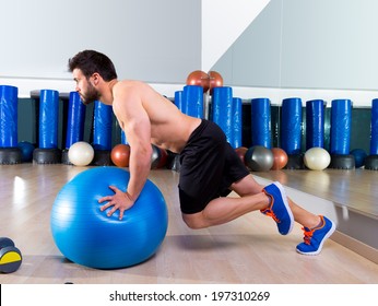 Fitball Abdominal Push Ups Swiss Ball Man One Single Leg Pushup At Fitness Gym