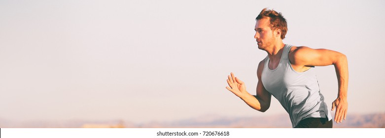 Fitness athlete runner man running on sunset sky background. Jogging active lifestyle concept.