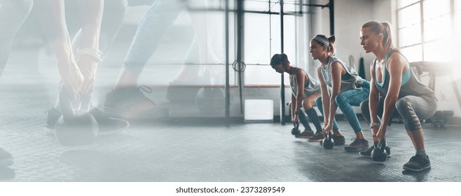 Fitness, banner and squat, women in gym together for workout commitment and weight lifting on mockup. Overlay, exercise club and woman in class with kettlebell challenge, power and double exposure - Powered by Shutterstock