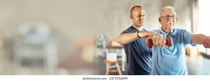 Fitness banner, weights or physiotherapist with senior man for arm exercise or body workout in recovery. Physical therapy, rehabilitation mockup space or mature client training with dumbbell or coach