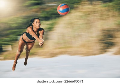 Fitness, beach and volleyball with woman diving on Brazil holiday for summer, sports and workout. Exercise, health and training with girl in bikini for games, competition and wellness vacation - Powered by Shutterstock