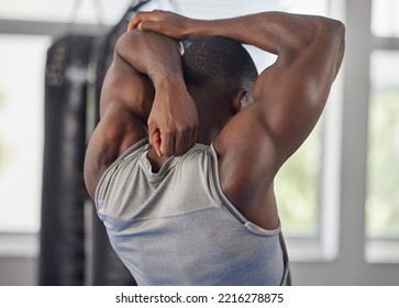 Fitness, bodybuilder and black man stretching at gym for training, exercise and workout for strong powerful muscles. Back view, sports and healthy athlete starting biceps, triceps and elbow warm up