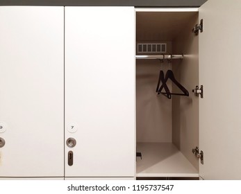 Fitness Center Or Gym Lockers With One Opened. 