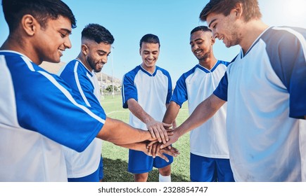 Fitness, circle and soccer team with their hands together for motivation, empowerment or unity. Sports, teamwork and group of athletes or football players in a huddle before game, match or tournament - Powered by Shutterstock