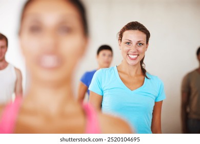 Fitness, class and portrait of woman with smile for wellness, exercise and workout in morning. Happy, person and face with confidence in gym for healthy body, group and training together on weekend - Powered by Shutterstock