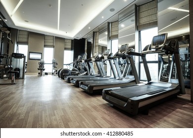 Fitness Club In Luxury Hotel Interior.