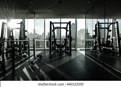 Fitness club in luxury hotel interior in the morning with sunshine.