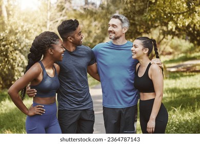 Fitness club, team and people in nature park, athlete group with support for sports and health. Exercise friends, diversity and healthy with challenge, training together with workout and trust - Shutterstock ID 2364787143