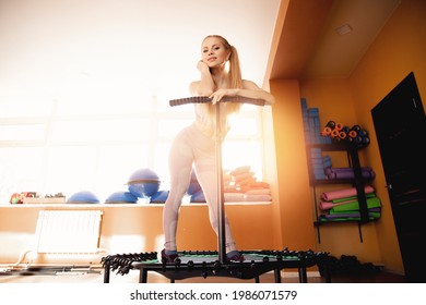 Fitness Coach Portrait Women Jumping On Mobile Mini Trampolines, Workout Gym Movement.