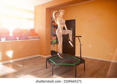 Fitness Coach Portrait Women Jumping On Mobile Mini Trampolines, Workout Gym Movement.