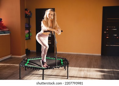 Fitness Coach Portrait Women Jumping On Mobile Mini Trampolines, Workout Gym Movement.