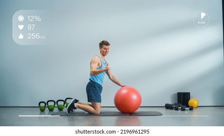 Fitness Course Video with Young Athletic Personal Trainer Explaining Core Strengthening Workout with Plank Position on a Ball. Fit Man Showing How to Balance the Body. HUD Interactive Graphics. - Powered by Shutterstock