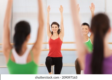 Fitness Dance Class Doing Aerobics. Women Dancing Happy Energetic In Gym Fitness Class. 