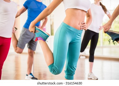 Fitness Dance Studio Class. Group Of People Are Exercising In Dance Studio.