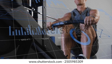 Fitness data analytics image over man using rowing machine. technology, exercise, workout, metrics, gym, health