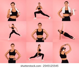 A fitness enthusiast demonstrates a range of exercises, including lunges, stretches, and cardio moves, while wearing a sleek workout outfit. The vibrant pink background adds energy. - Powered by Shutterstock