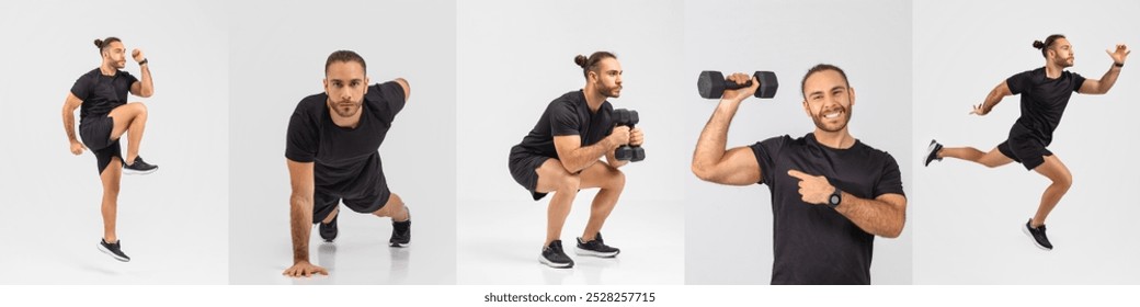 A fitness enthusiast showcases a series of dynamic workout exercises, including lunges, squats, and arm curls, in a well-lit studio. The energetic session highlights strength and agility. - Powered by Shutterstock