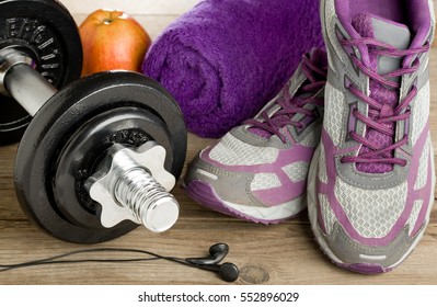 Fitness Equipment On Wooden Floor Stock Photo 552896029 | Shutterstock