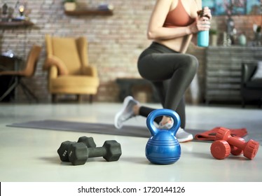 Fitness Equipments At Home. Focus On Fitness Tools, Barbell And Kettlebell. Concepts About Home Workout, Fitness, Sport And Health.