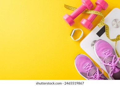 Fitness essentials layout. Top view of gym shoes, dumbbells, measuring tape, fitness tracker, and scale on yellow background with space for text or advertisement - Powered by Shutterstock