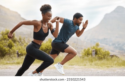 Fitness, exercise and black couple running, outdoor and workout goal with endurance, cardio and self care. Runners, man and woman in the street, run or training with progress, health and wellness - Powered by Shutterstock