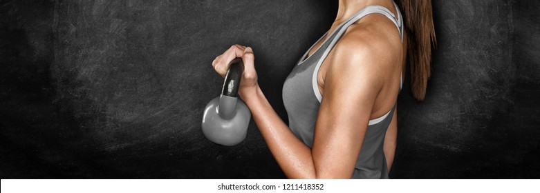 Fitness Exercise Crossfit Woman Lifting Kettlebell Weights Strength Training Workout At Gym Panoramic Banner Of Black Chalkboard Texture Blackboard Background.