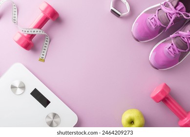 Fitness gear including pink dumbbells, running shoes, a scale, a smartwatch, and a green apple for healthy living and exercise - Powered by Shutterstock