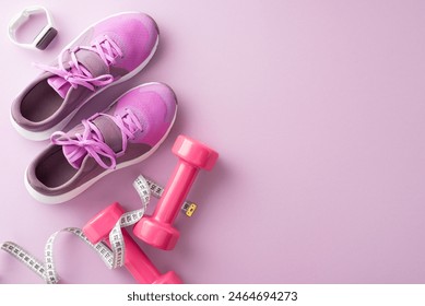 Fitness gear including pink sneakers, dumbbells, measuring tape and smartwatch on a matching pink background - Powered by Shutterstock