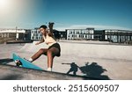 Fitness, girl and skateboarder skateboarding in a skate park for training, cardio workout and sports exercise. New York, skater and urban city black woman skating outdoors in summer for practice