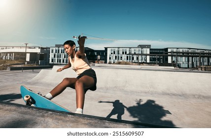 Fitness, girl and skateboarder skateboarding in a skate park for training, cardio workout and sports exercise. New York, skater and urban city black woman skating outdoors in summer for practice - Powered by Shutterstock