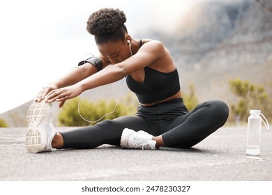 Fitness, girl or stretching feet in road for running, workout or training at sunset with music or water. Exercise, wellness or woman runner streaming podcast with body warm up for sports performance - Powered by Shutterstock