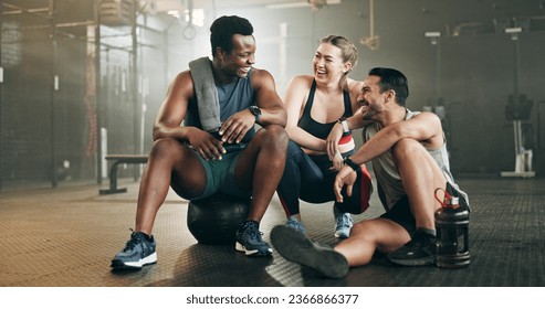 Fitness, group and conversation in gym with confidence, workout and exercise class. Diversity, friends talk and wellness portrait of athlete with coach ready for training and sport at a health club - Powered by Shutterstock