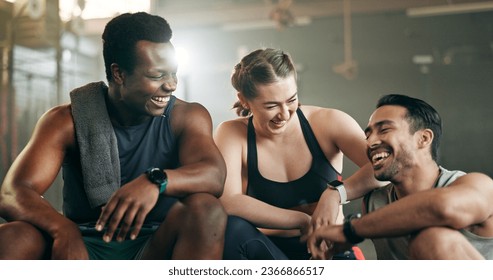 Fitness, group and laughing in gym with confidence, workout and exercise class. Diversity, friends and wellness portrait of funny athlete with community ready for training and sport at a health club - Powered by Shutterstock