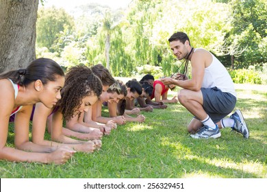 Fitness Group Planking In Park With Coach On A Sunny Day