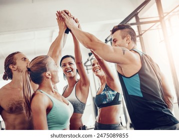 Fitness, gym class and high five with friends and personal trainer with workout, exercise and training. Teamwork, smile and happy people with success, motivation and excited from sport at health club - Powered by Shutterstock