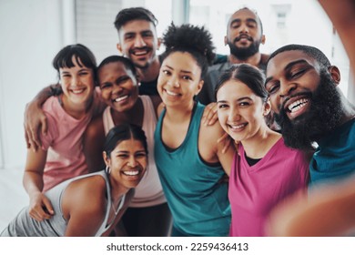 Fitness, gym and selfie of group of friends excited for workout, exercise goals and training together. Sports club, diversity and portrait of happy people smile for motivation, yoga and pilates class - Powered by Shutterstock