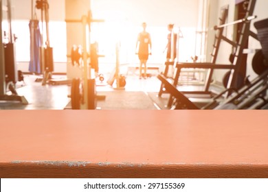 fitness gym and wooden desk space - Shutterstock ID 297155369