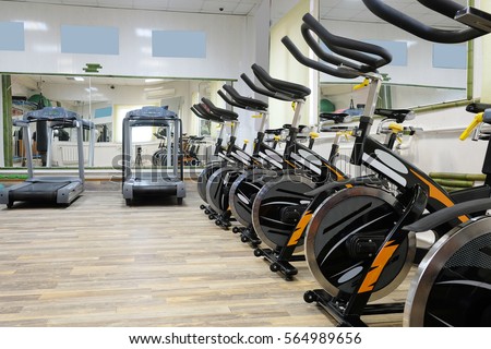 Fitness hall with the sport bikes in it 