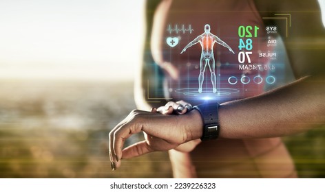 Fitness hands, smart watch or future data on healthcare workout, body training or exercise heart rate in sunset nature. Runner zoom, sports or black woman on time technology, 3d scan or abstract app - Powered by Shutterstock