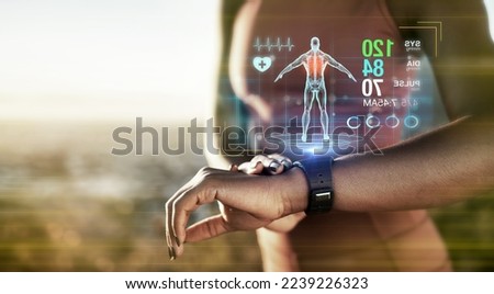 Fitness hands, smart watch or future data on healthcare workout, body training or exercise heart rate in sunset nature. Runner zoom, sports or black woman on time technology, 3d scan or abstract app